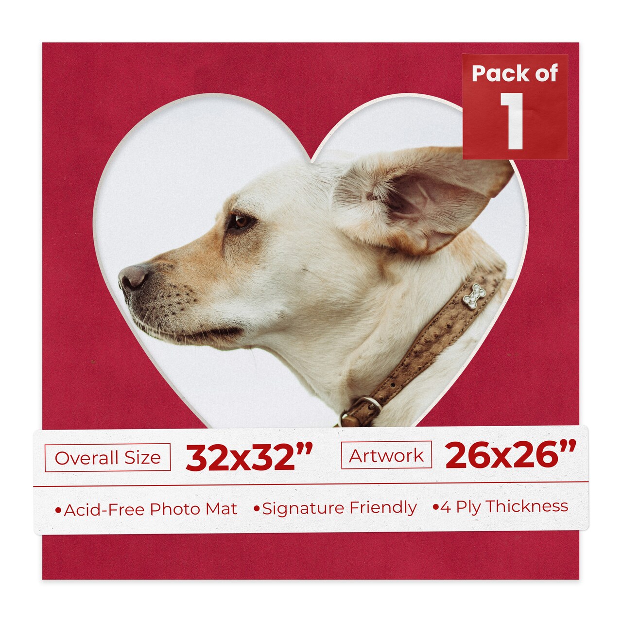 Red Suede Mat Board for 32x32 Frames - Heart Opening for 26x26 Photos